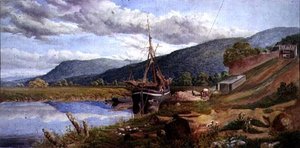 Landschaft mit entladendem Lastkahn